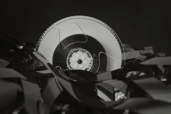 Close-up of a vintage cassette tape against a black background, showcasing retro technology.