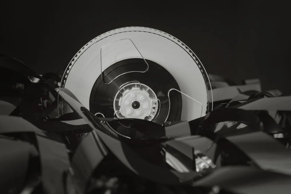 Close-up of a vintage cassette tape against a black background, showcasing retro technology.