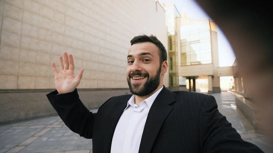 Smiling businessman in suit taking a selfie outdoors by a modern building.