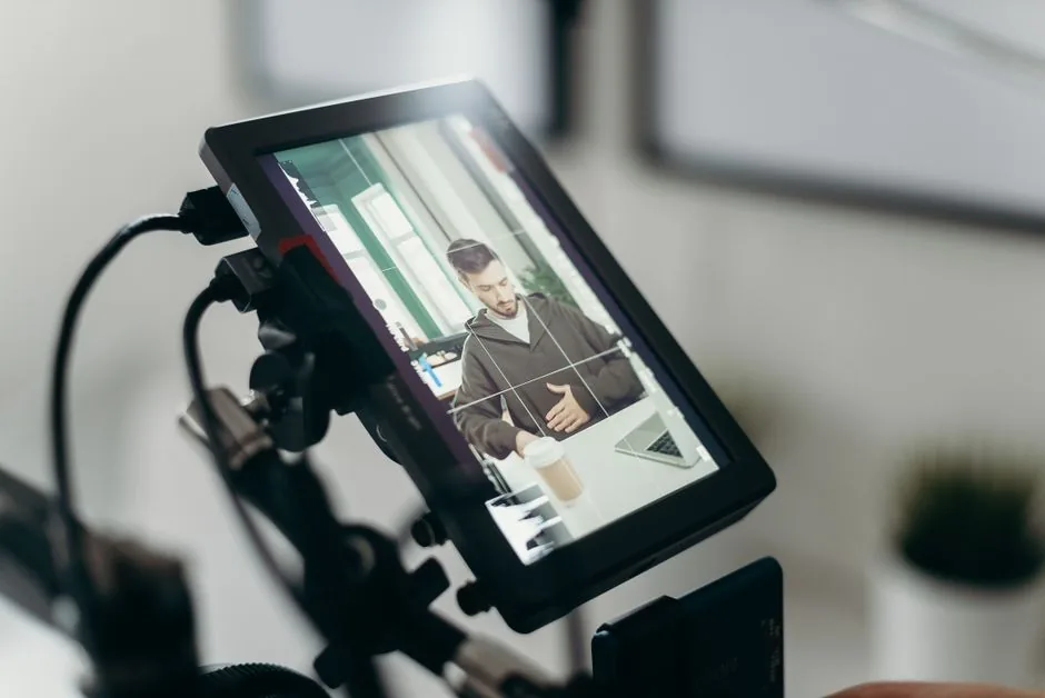 A videographer captures a man working at a desk through a camera screen in a modern office environment.