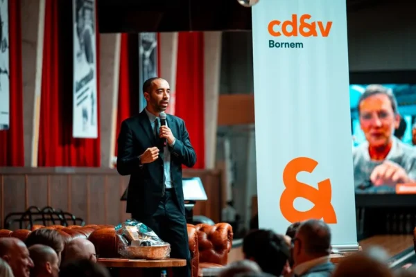 Male speaker presenting at a corporate event. Audiences are engaged indoors.