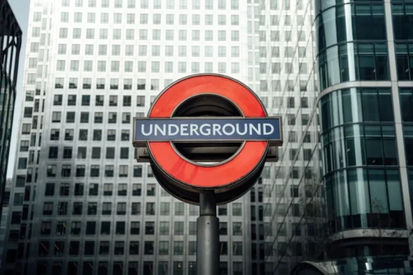 London Underground sign with modern glass buildings in the background, symbolizing urban transportation.